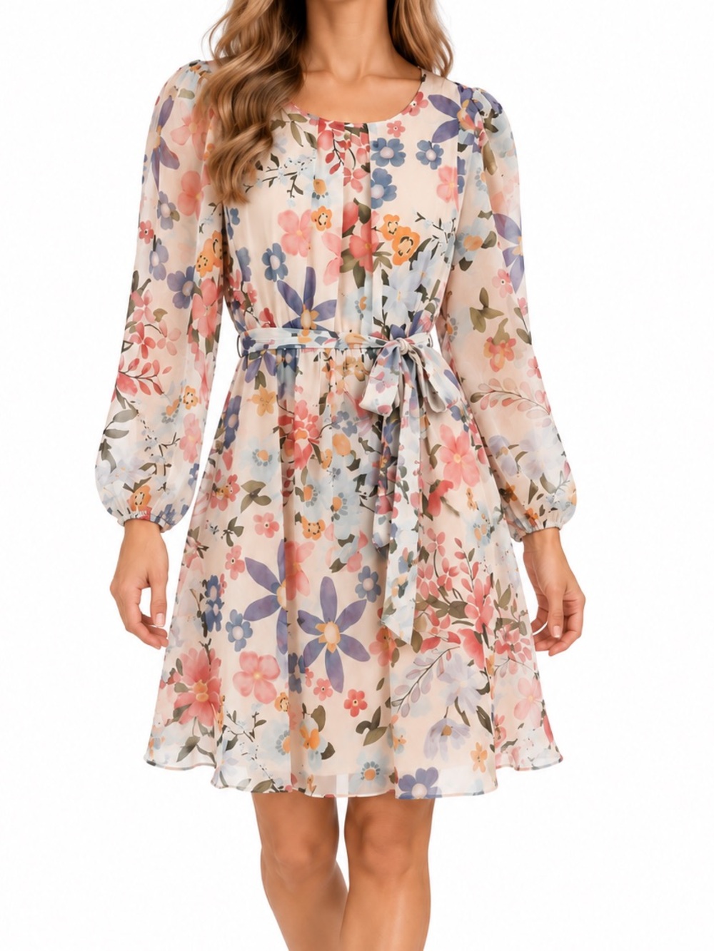 Angela Moda Silk Blend Floral Tie-Waist Long Sleeve Dress Size Medium